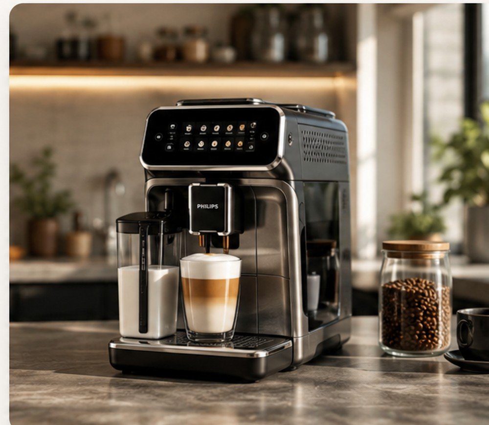 Machine à café automatique préparant un latte dans une cuisine